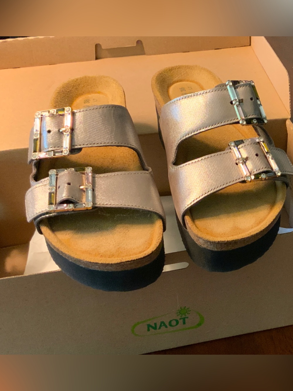 Naot Iridescent Silver Double-Buckle Slide Sandals